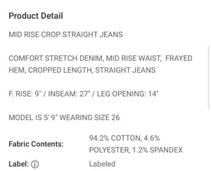Melissa Mint Mid Rise Crop Straight Jean