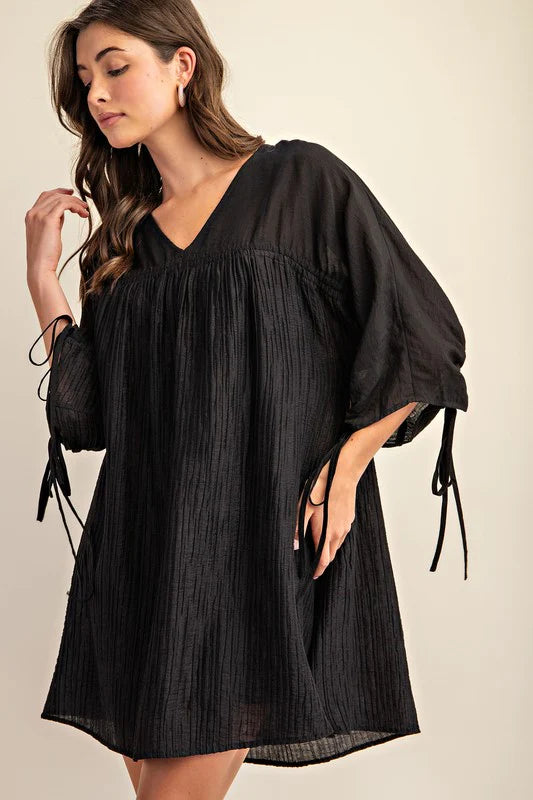 Black Shirred Sleeve Dress