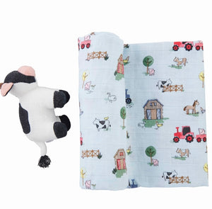 Blue Cow Swaddle and Rattle