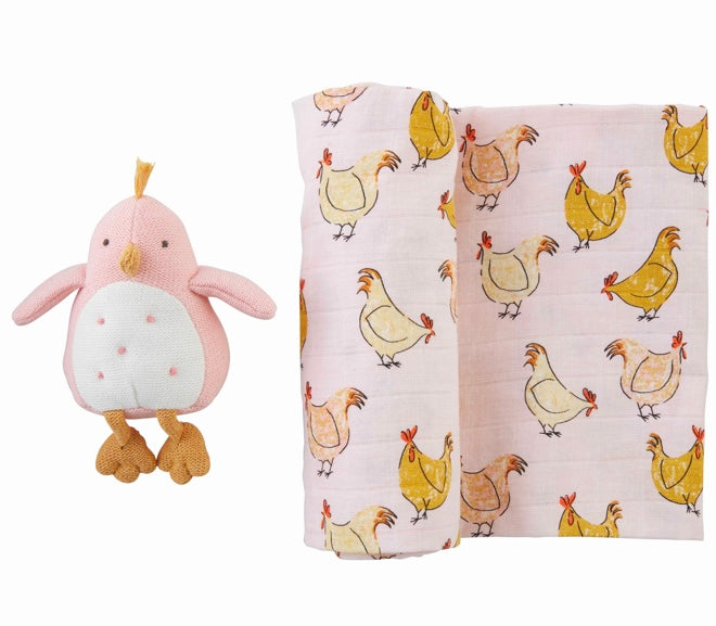 Pink Chicken Swaddle and Rattle
